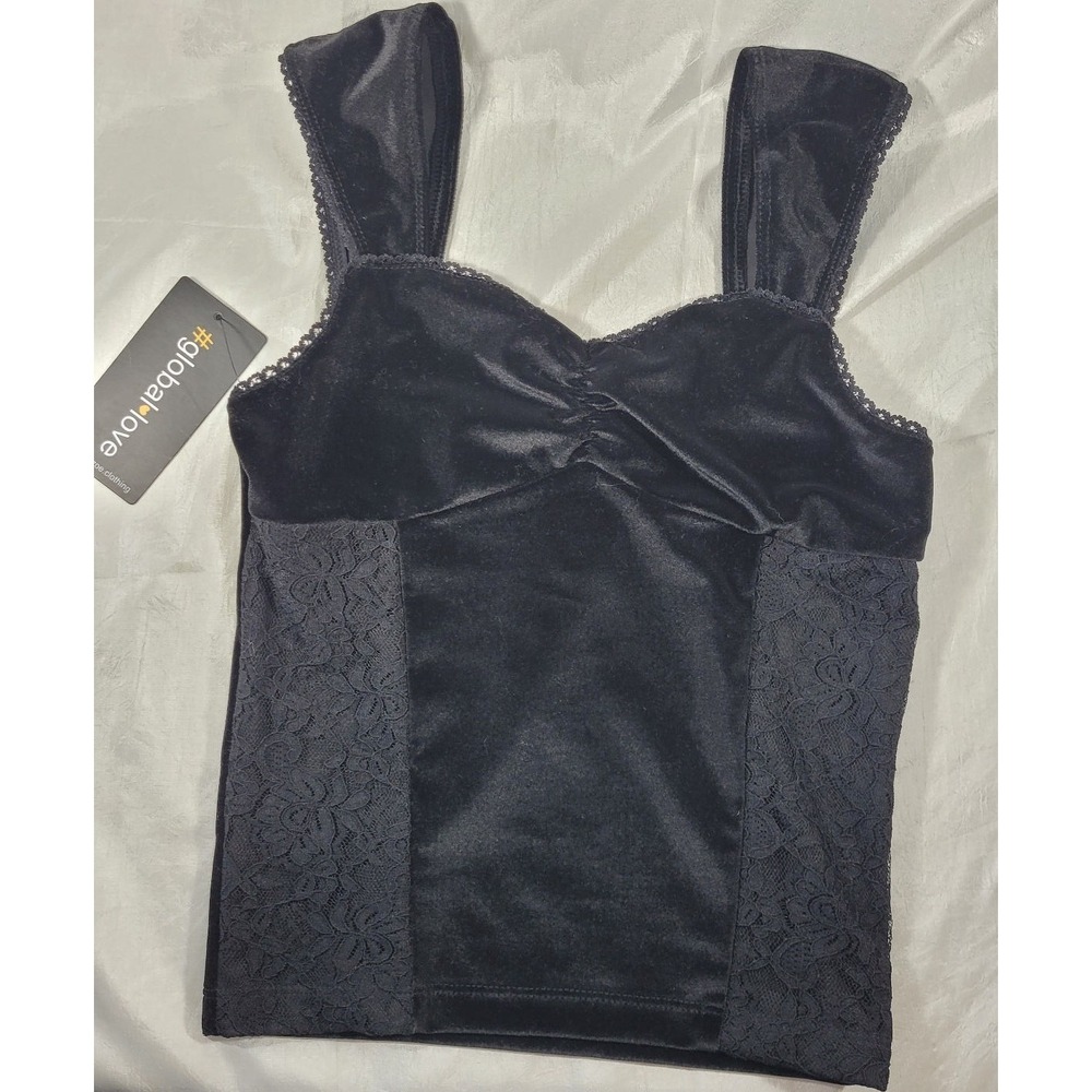 Global Love Teen Junior Girl's Velvet & Lace Tank Top - Black - Size JL (Large)